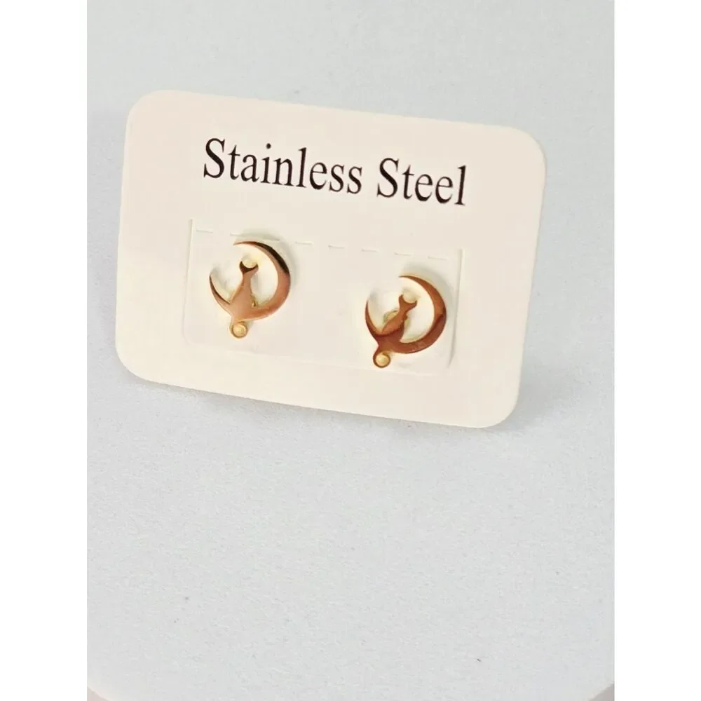Gold Crescent Moon Cat Stud Earrings Dainty Celestial Stainless Steel Dreamy